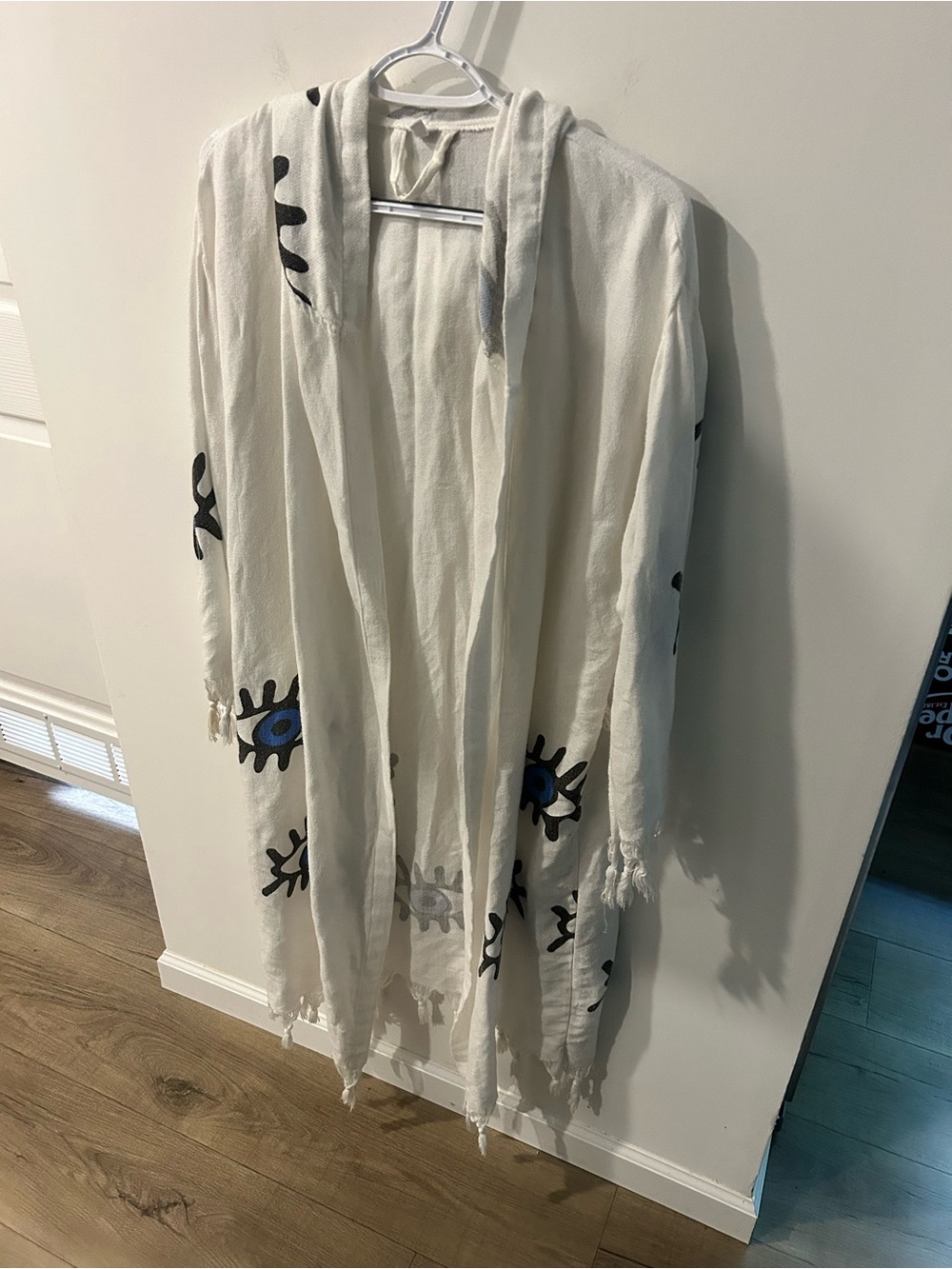 White Open Front Fringe Robe with Evil Eye Motif